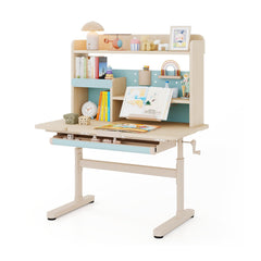 Costway Bureau d'Étude pour Enfants avec Bibliothèque et Tiroir Table d'Écriture Réglable en Hauteur pour Enfants avec Plateau Inclinable Bleu
