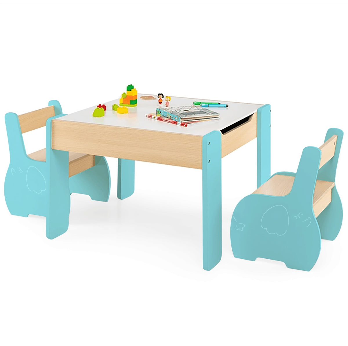 Costway Ensemble Table et 2 Chaises Enfant avec Plateau Ardoise pour Dessiner 2 Compartiments de Rangement Angles Arrondis pour 3 Ans+ Bleu