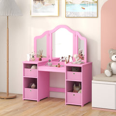 Costway Coiffeuse pour Enfants Design Amovible 2 en 1 avec Coiffeuse et Bureau Coiffeuse de Maquillage Princesse avec 4 Grandes Étagères Rose