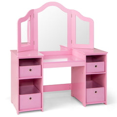 Costway Coiffeuse pour Enfants Design Amovible 2 en 1 avec Coiffeuse et Bureau Coiffeuse de Maquillage Princesse avec 4 Grandes Étagères Rose