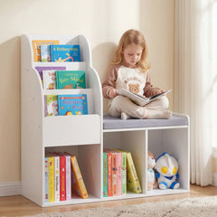 Costway Bibliothèque Banc Enfant 2 en 1 Étagère à Livres avec 3 Cubes Verticaux 3 Compartiments de Rangement Assise Confortable Blanc