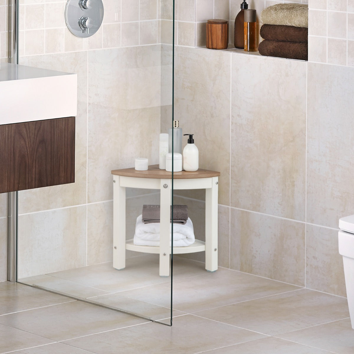 Costway Tabouret Salle de Bain 2 Niveaux avec Étagère de Rangement pour Enfants et Adultes Charge Max 150kg 32,5x32,5x43,5cm Café
