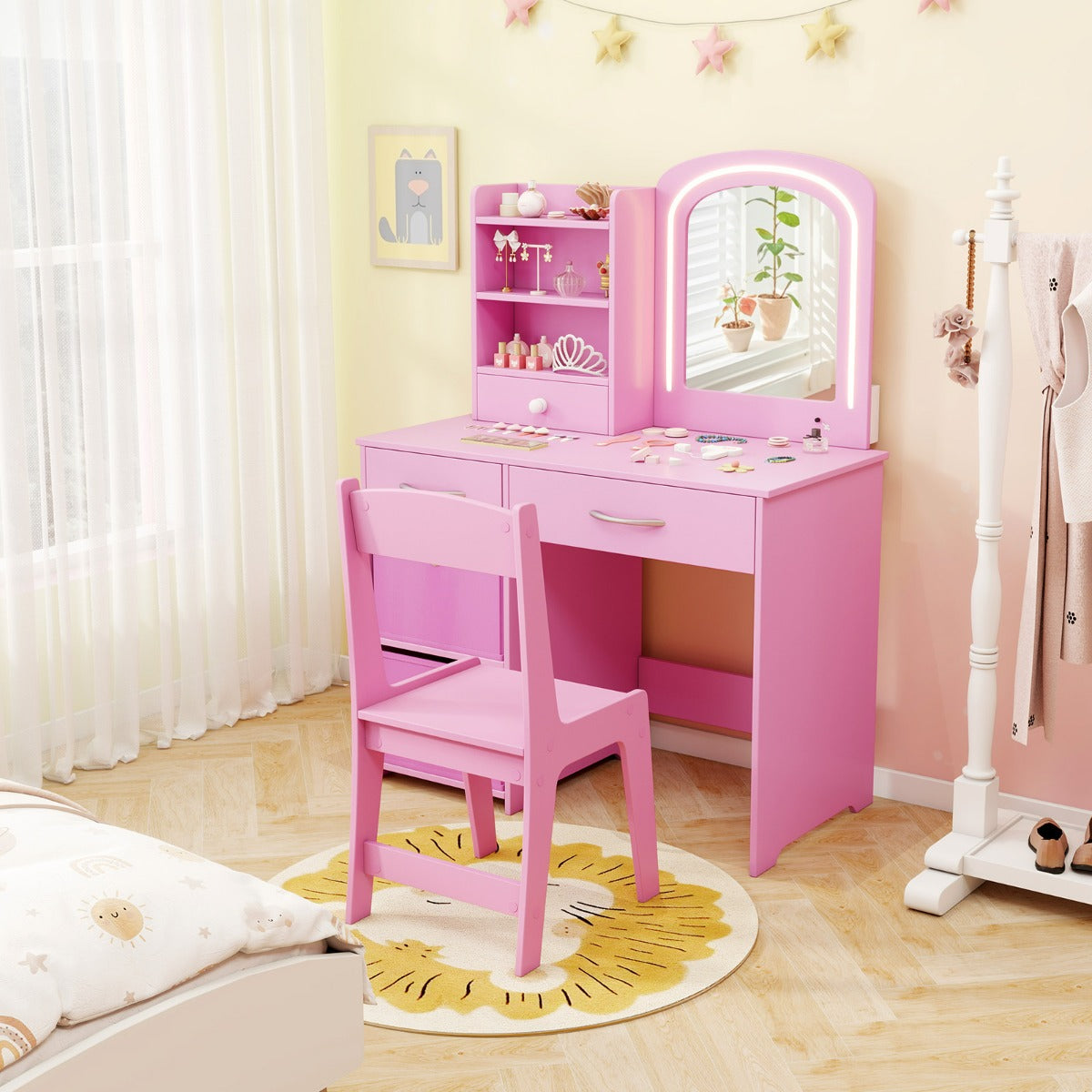 Costway Ensemble Coiffeuse pour Enfants avec Miroir Lumineux Table de Maquillage Princesse avec Miroir et Lumières Étagères Ouvertes Rose