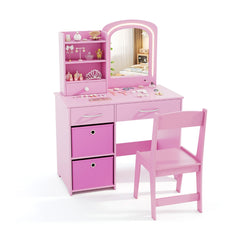 Costway Ensemble Coiffeuse pour Enfants avec Miroir Lumineux Table de Maquillage Princesse avec Miroir et Lumières Étagères Ouvertes Rose