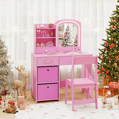 Costway Ensemble Coiffeuse pour Enfants avec Miroir Lumineux Table de Maquillage Princesse avec Miroir et Lumières Étagères Ouvertes Rose