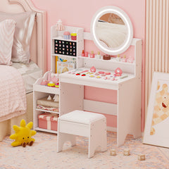 Costway Coiffeuse pour Enfants avec Miroir & Lumières Table de Maquillage de Princesse avec Étagères Ouvertes Emplacements pour Bagues Blanc