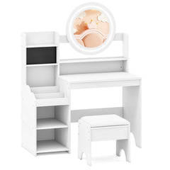 Costway Coiffeuse pour Enfants avec Miroir & Lumières Table de Maquillage de Princesse avec Étagères Ouvertes Emplacements pour Bagues Blanc