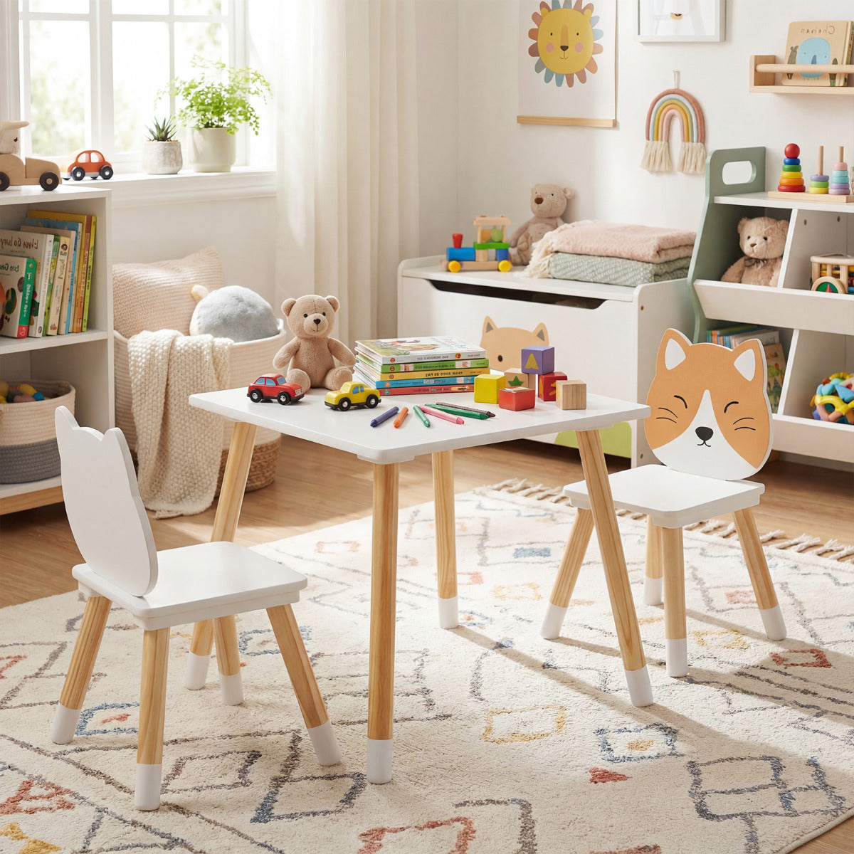 Costway Ensemble Table et Chaises pour Enfants Bureau et Chaises en Bois en Forme de Chat pour Salle de Classe Crèche Maison Blanc + Naturel
