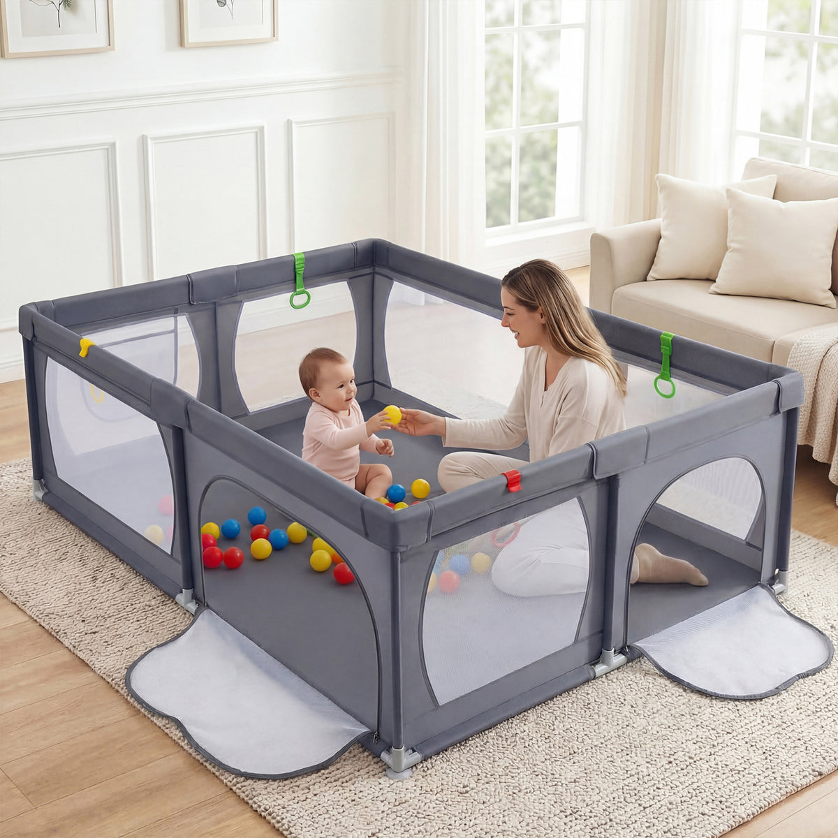 Costway Parc pour Bébé Clôture pour Tout‑petits avec Sac de Rangement Ventouses Porte à Fermeture éclair 50 Balles 206×147×68,5cm Gris