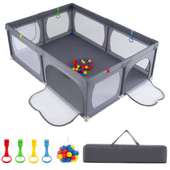 Costway Parc pour Bébé Clôture pour Tout‑petits avec Sac de Rangement Ventouses Porte à Fermeture éclair 50 Balles 206×147×68,5cm Gris