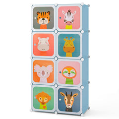 Costway Meuble Rangement Enfants 8 Cubes avec Motif d'Animaux Armoire Modulable Enfants avec Cadre Métallique Charge 10kg Bleu