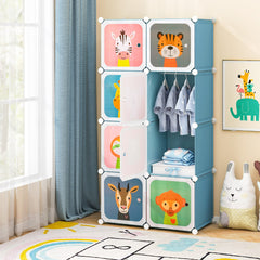 Costway Meuble Rangement Enfants 8 Cubes avec Motif d'Animaux Armoire Modulable Enfants avec Cadre Métallique Charge 10kg Bleu