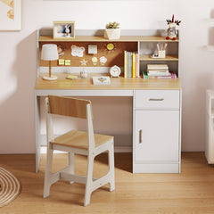 Costway Ensemble Bureau et Chaise d'Étude pour Enfants Table d'Écriture avec Étagères Tiroir Armoire de Rangement Cadeau pour 3+ Ans Naturel