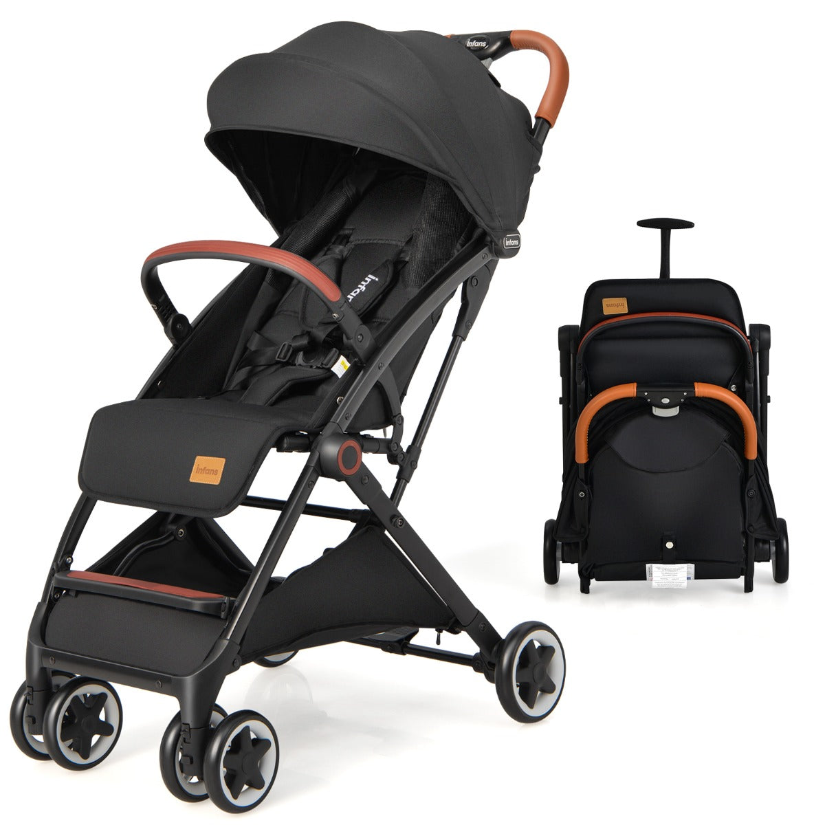 Costway Poussette de Voyage pour Bébé avec Pare-soleil Inclinable Porte-gobelet Harnais 5 Points Dossier Réglable Chancelière Rangement Inférieur Noir