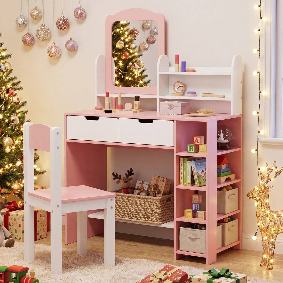 Costway Coiffeuse Enfant avec Tabouret et Miroir 2-en-1 Bureau de Coiffeuse en Bois avec 2 Tiroirs Compartiments Ouverts Blanc