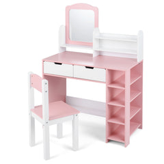 Costway Coiffeuse Enfant avec Tabouret et Miroir 2-en-1 Bureau de Coiffeuse en Bois avec 2 Tiroirs Compartiments Ouverts Blanc