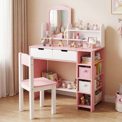 Costway Coiffeuse Enfant avec Tabouret et Miroir 2-en-1 Bureau de Coiffeuse en Bois avec 2 Tiroirs Compartiments Ouverts Blanc