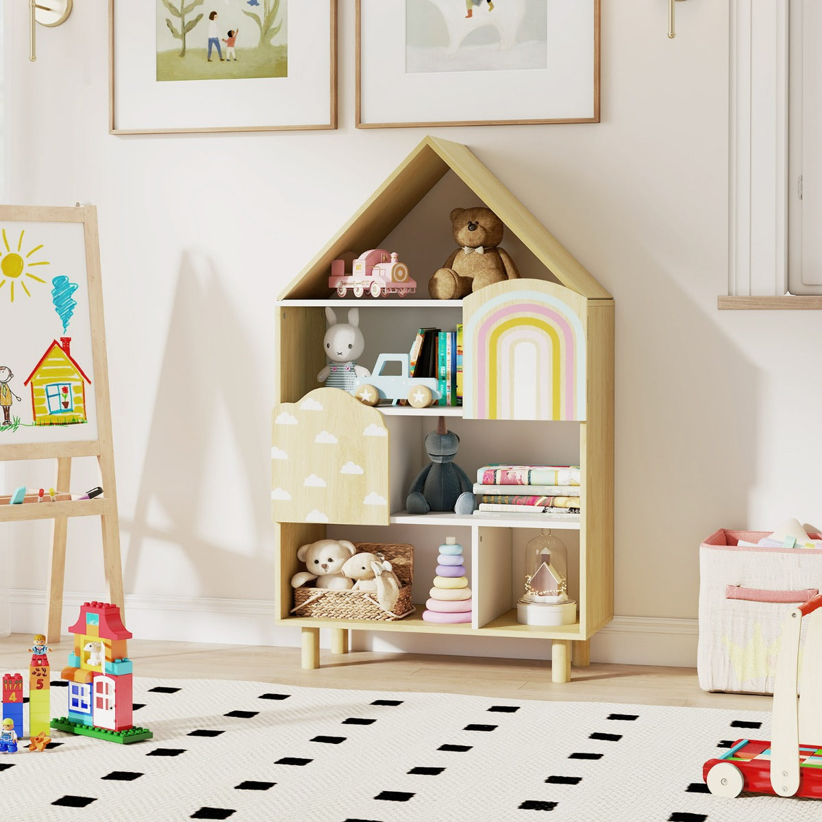 Costway Bibliothèque pour Enfants Étagère en Forme de Maison avec 2 Portes Système Anti-basculement & Pieds en Bois Massif Naturel