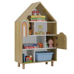 Costway Bibliothèque pour Enfants Étagère en Forme de Maison avec 2 Portes Système Anti-basculement & Pieds en Bois Massif Naturel