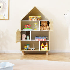 Costway Bibliothèque pour Enfants Étagère en Forme de Maison avec 2 Portes Système Anti-basculement & Pieds en Bois Massif Naturel