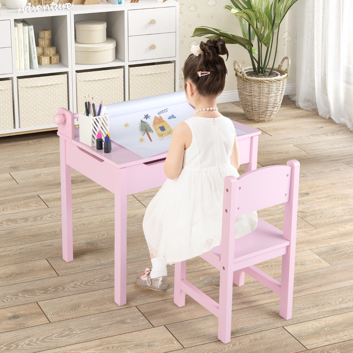 Costway Bureau pour Enfants avec Tabouret & Plateau Rabattable Table à Dessin en Pin Polyvalent avec Rouleau de Papier pour Enfants de 3 Ans+ Rose