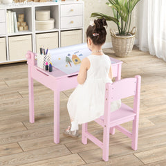 Costway Bureau pour Enfants avec Tabouret & Plateau Rabattable Table à Dessin en Pin Polyvalent avec Rouleau de Papier pour Enfants de 3 Ans+ Rose