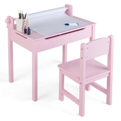Costway Bureau pour Enfants avec Tabouret & Plateau Rabattable Table à Dessin en Pin Polyvalent avec Rouleau de Papier pour Enfants de 3 Ans+ Rose