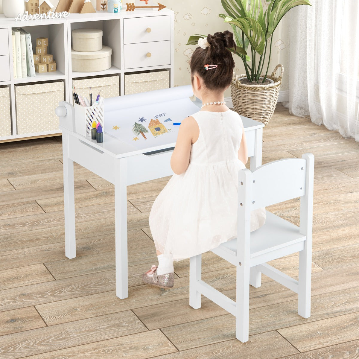 Costway Bureau pour Enfants avec Tabouret&Plateau Rabattable pour 3 Ans+ Blanc
