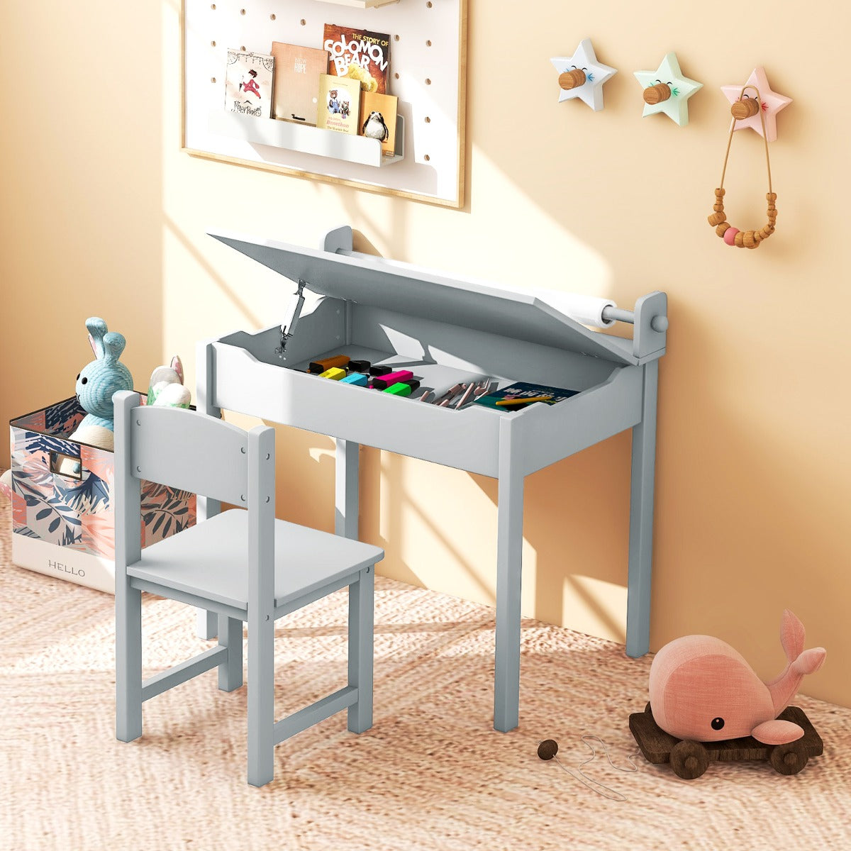 Costway Table Multi-activités avec Chaise Table D'art et D'artisanat pour Enfants Support de Rouleau de Papier Rangement Rouleau de Papier 2 Marqueurs Gris