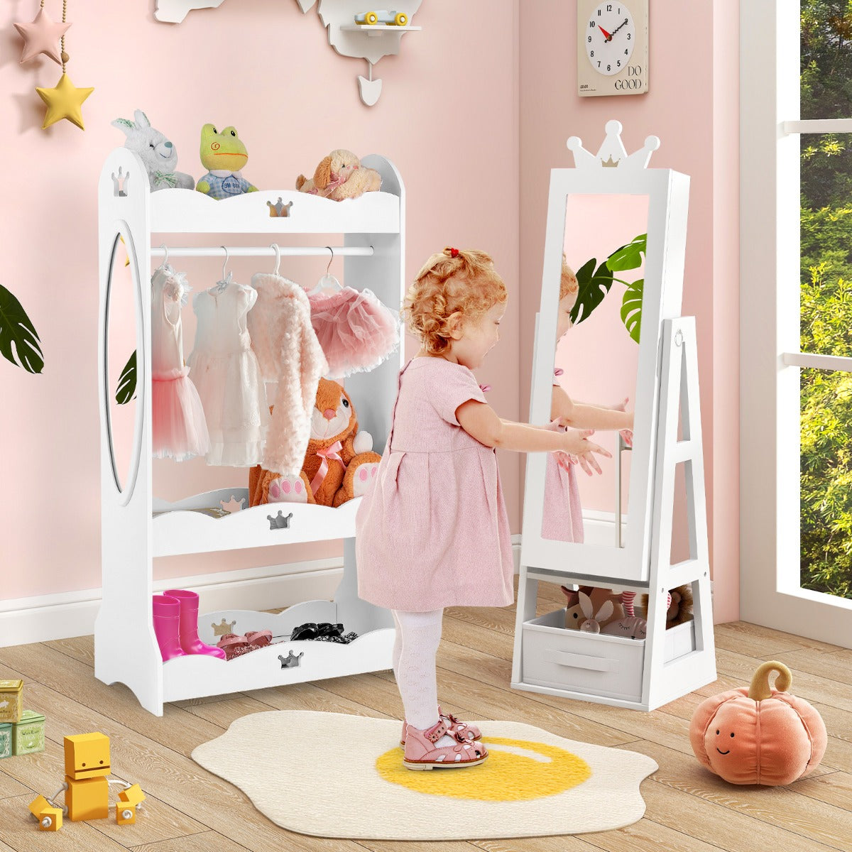 Costway Armoire à Bijoux pour Enfants Miroir sur Pied avec Grande Capacité de Rangement Miroir de Courtoisie avec Tiroir Motif Couronne Blanc