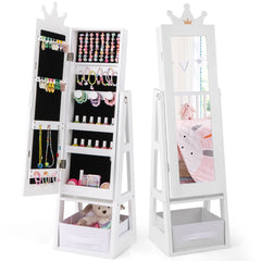 Costway Armoire à Bijoux pour Enfants Miroir sur Pied avec Grande Capacité de Rangement Miroir de Courtoisie avec Tiroir Motif Couronne Blanc