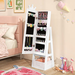 Costway Armoire à Bijoux pour Enfants Miroir sur Pied avec Grande Capacité de Rangement Miroir de Courtoisie avec Tiroir Motif Couronne Blanc
