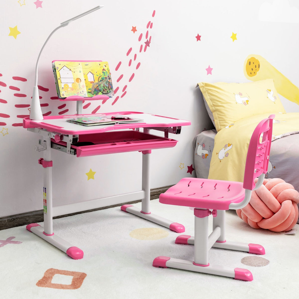 Costway Ensemble Bureau et Chaise pour Enfants avec Éclairage LED Plateau Incliné et Tiroir Coulissant Réglable en Hauteur Rose