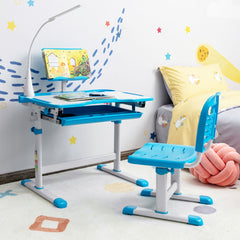 Costway Ensemble Bureau et Chaise pour Enfants avec Éclairage LED Plateau Incliné et Tiroir Coulissant Réglable en Hauteur Bleu