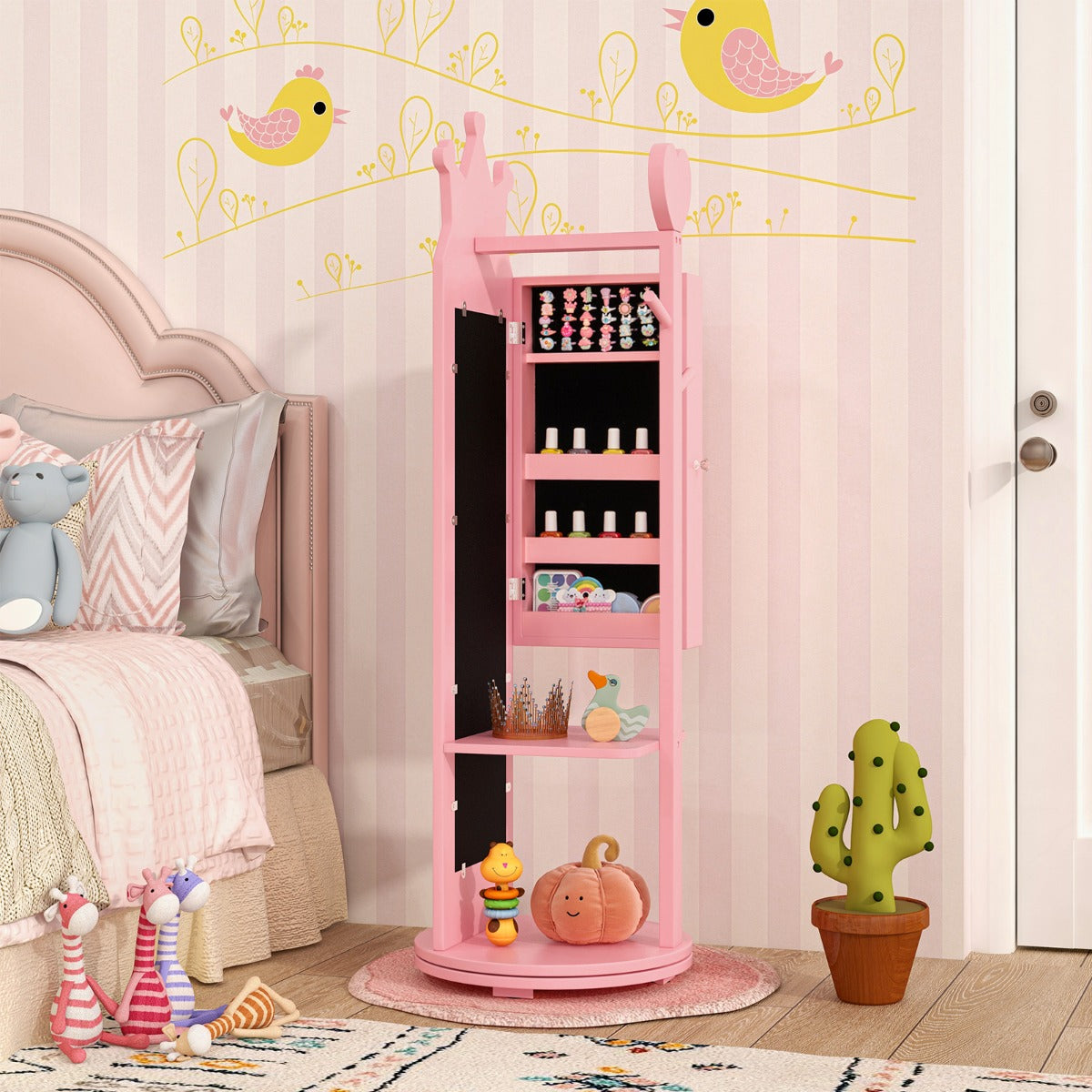 Costway Armoire à Bijoux pour Enfants Miroir sur Pied Base Pivotante Support à Vêtements Crochets Etagères et Tiroir Motif Couronne Rose