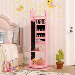 Costway Armoire à Bijoux pour Enfants Miroir sur Pied Base Pivotante Support à Vêtements Crochets Etagères et Tiroir Motif Couronne Rose