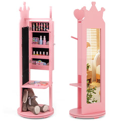 Costway Armoire à Bijoux pour Enfants Miroir sur Pied Base Pivotante Support à Vêtements Crochets Etagères et Tiroir Motif Couronne Rose