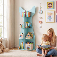 Costway Bibliothèque Enfant Étagère à Livres en Forme de Poisson 5 Niveaux avec Compartiments Ouvertes Kit Anti-Basculement Bords Arrondis Bleu