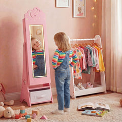 Costway Armoire à Bijoux pour Enfants avec Éclairage Organiseur de Bijoux pour Enfants avec Miroir Pleine Longueur 4 Lampes à Capteur Rose
