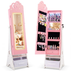 Costway Armoire à Bijoux pour Enfants avec Éclairage Organiseur de Bijoux pour Enfants avec Miroir Pleine Longueur 4 Lampes à Capteur Rose