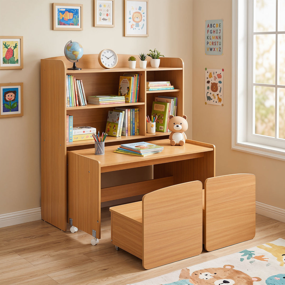 Costway Bibliothèque Enfant 3 en 1 avec Bureau et 2 Chaises Mobiles Meuble de Rangement Enfant avec Compartiments Ouverts Étagères Réglables Naturel