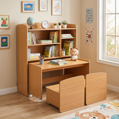 Costway Bibliothèque Enfant 3 en 1 avec Bureau et 2 Chaises Mobiles Meuble de Rangement Enfant avec Compartiments Ouverts Étagères Réglables Naturel