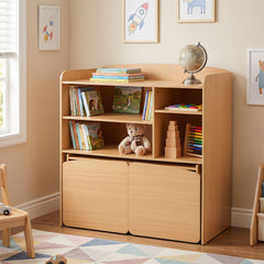 Costway Bibliothèque Enfant 3 en 1 avec Bureau et 2 Chaises Mobiles Meuble de Rangement Enfant avec Compartiments Ouverts Étagères Réglables Naturel