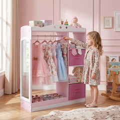 Costway Portant a Vetement Enfant avec Miroir en Acrylique Penderie Ouverte avec Tringle Étagères et 2 Tiroirs en Tissu 90 x 30 x 111,5 cm Rose