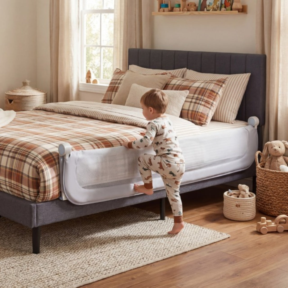Costway Lot de 2 Barrières de Lit Pliable Ajustable de 198 CM avec Housse Amovible Gris + Barrière de Lit Bébé Pliable Ajustable de 178 CM Gris