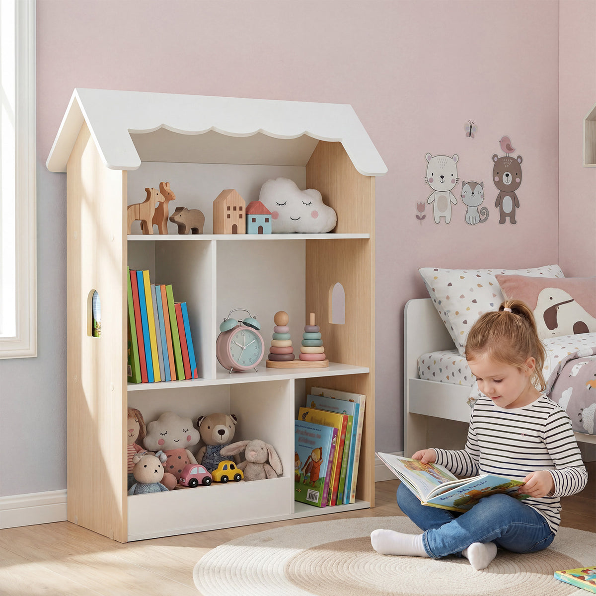 Costway Bibliotheque Enfant en Forme de Cabane Etagere Livre Enfant 3 Niveaux avec 5 Compartiments Ouverts&Anti-Basculement 70x33x92cm Blanc