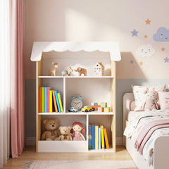 Costway Bibliotheque Enfant en Forme de Cabane Etagere Livre Enfant 3 Niveaux avec 5 Compartiments Ouverts&Anti-Basculement 70x33x92cm Blanc