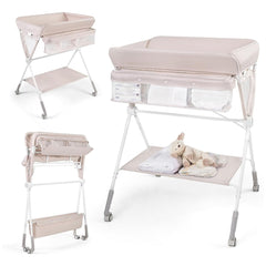 Costway Table à Langer Pliable pour Bébé avec Hauteur Réglable sur 3 Niveaux Poubelle Panier de Rangement Etagère Roues Verrouillables Beige