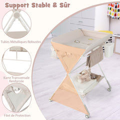 Costway Table à Langer Pliable pour Bébé avec Hauteur Réglable sur 3 Niveaux Poubelle Panier de Rangement Etagère Roues Verrouillables Beige