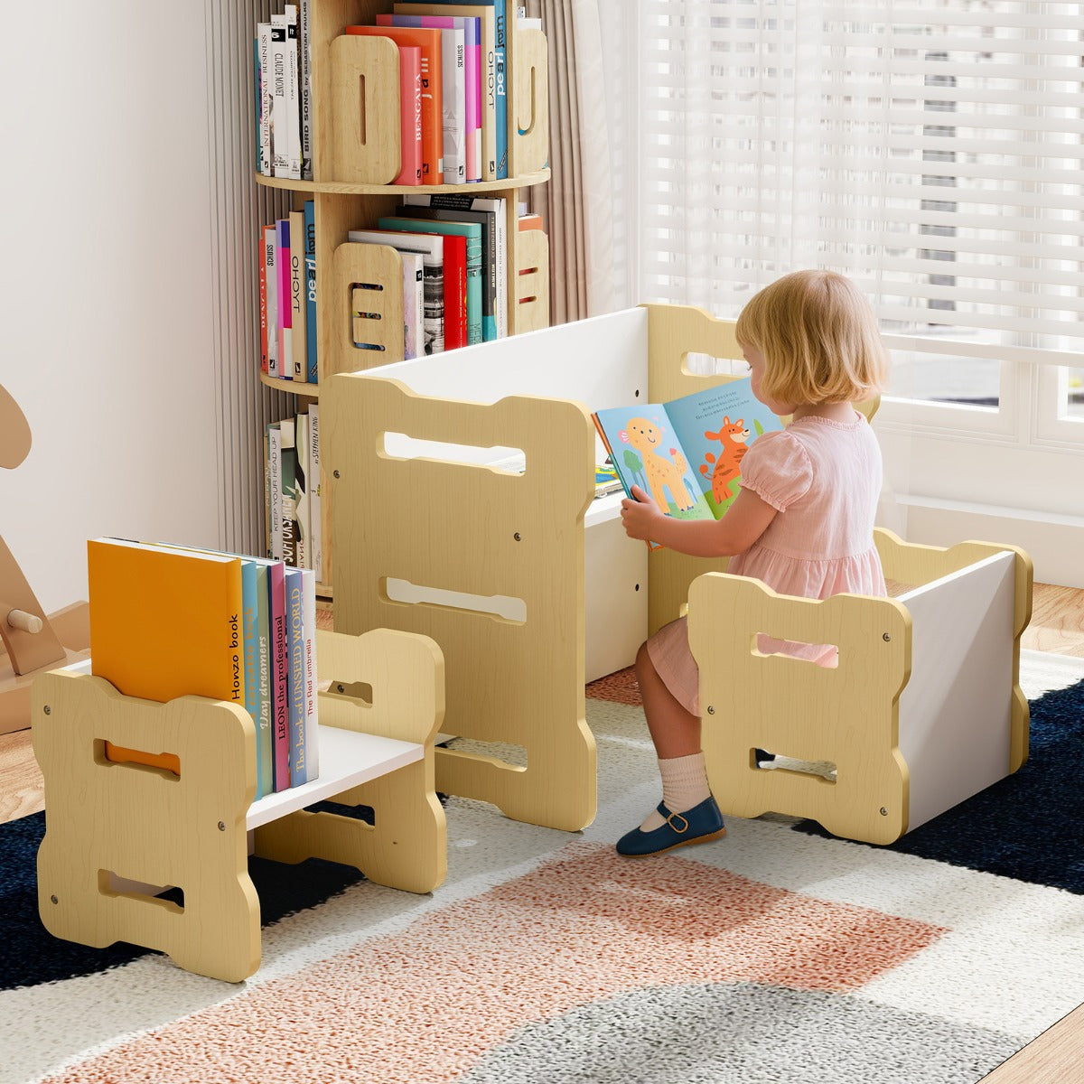 Costway Ensemble Table et Chaises pour Enfants 3PCS Bureau avec 2 Tabourets et Table d'Activités Coins Arrondis Poignées Intégrées Naturel